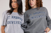 Two people wearing gray 'St. Ambrose University' sweatshirts against a plain background